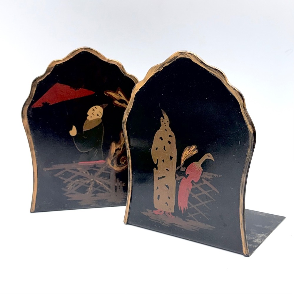 Centrum Vintage 1992 Chinoiserie Metal Bookends Black Asian Hand Painted Pair